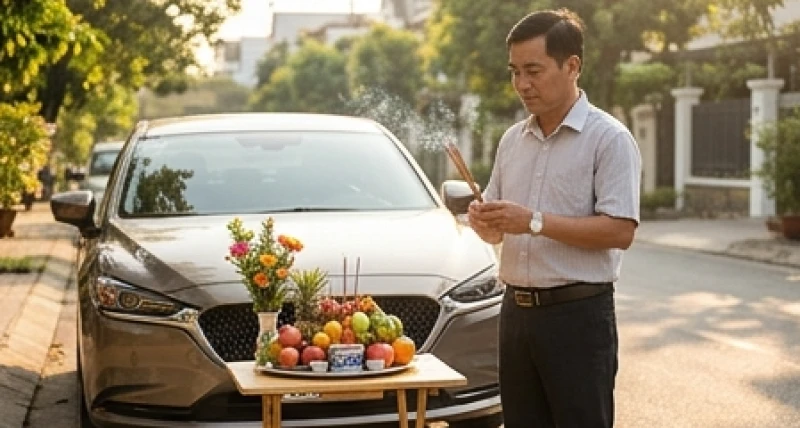 Gia chủ thành tâm chuẩn bị mâm lễ và đọc văn khấn cúng xe hàng tháng trước nhà