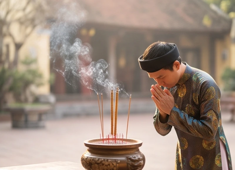 Gia chủ vái lạy ba vái dài sau khi hoàn thành việc cắm nhang vào bát hương trên mâm lễ