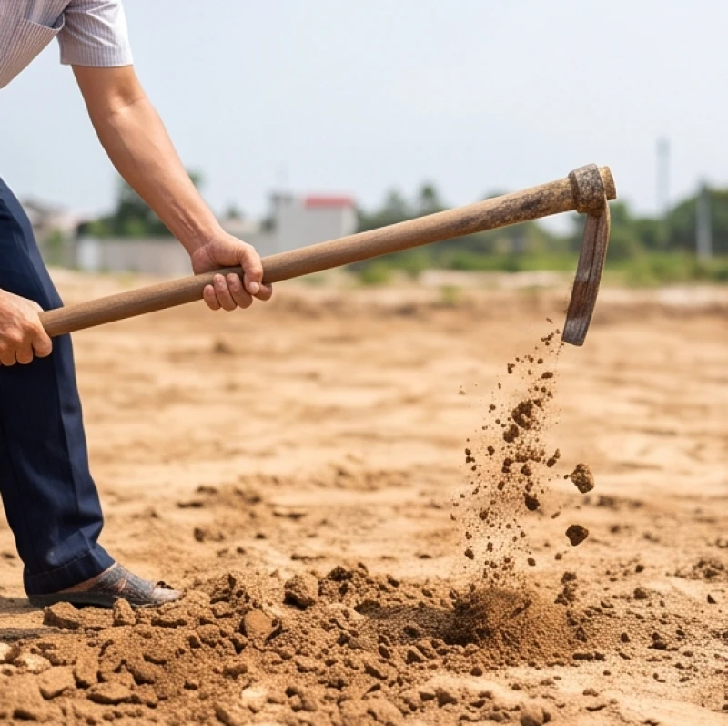 Người làm lễ đang cầm cuốc bổ những nhát đầu tiên xuống phần đất trống tại vị trí Trung cung