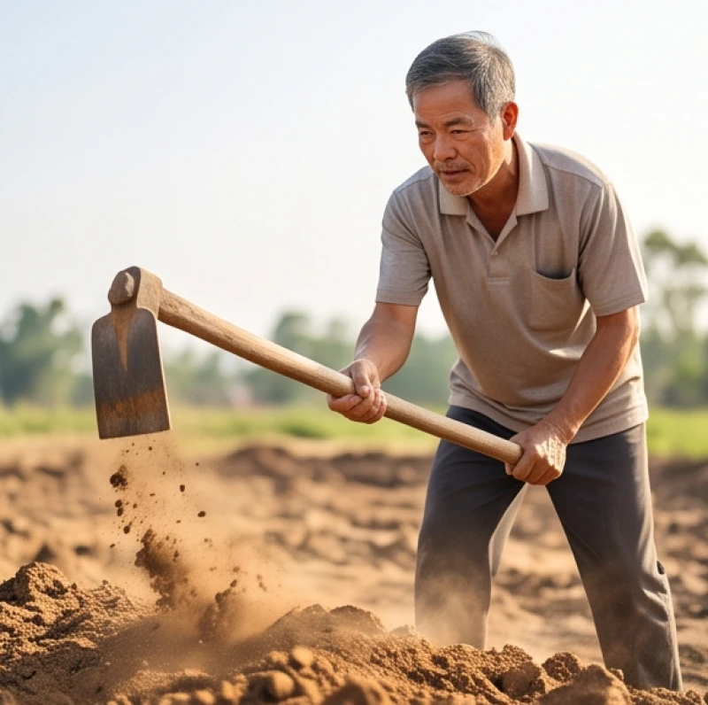 Người đàn ông lớn tuổi cầm cuốc chim dứt khoát bổ xuống nền đất để khai thông long mạch