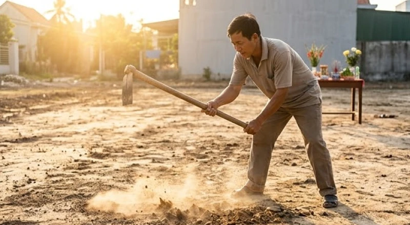 Chủ lễ vung cuốc đập nhát đầu tiên xuống trung tâm khu đất để mở màn thi công