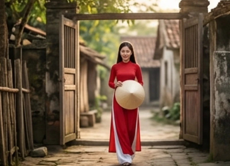 Cô dâu mặc áo dài truyền thống Việt Nam âm thầm xách nón lá quay về nhà đẻ trong lễ rước dâu