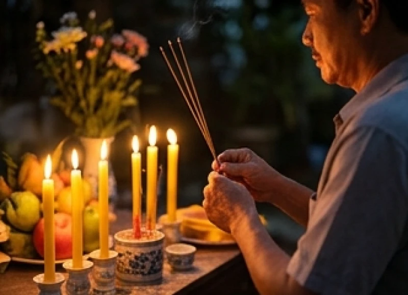 Tử vi tuổi Ất Dậu 1945 năm 2026: Bình giải 82 tuổi và cúng sao 6 Người đàn ông thành tâm chắp tay dâng hương trước mâm lễ cúng sao trong đêm tĩnh lặng
