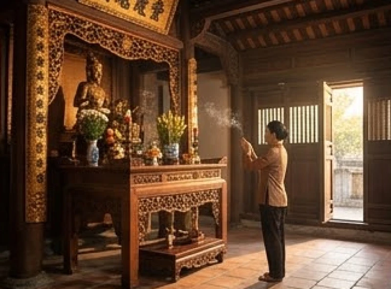 Khung cảnh dâng hương trang nghiêm tại đền thờ Đức Thánh Trần với mâm lễ tươm tất
