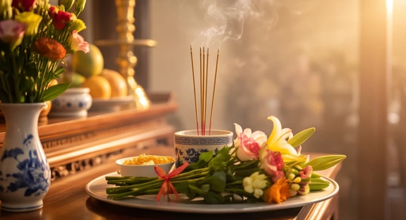 Mâm lễ tươm tất được dâng lên ban Đức Ông tại chùa với hoa tươi và nén nhang trầm đang cháy đỏ