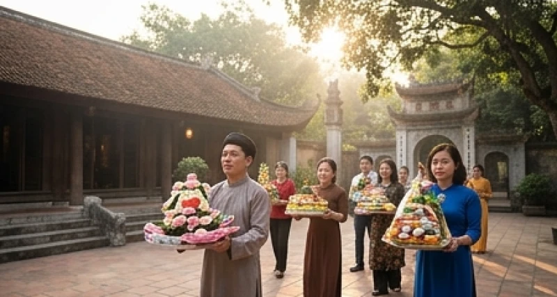 Người dân đội mâm lễ dâng hương thành kính trước cửa đền Cô Chín trong ngày hội