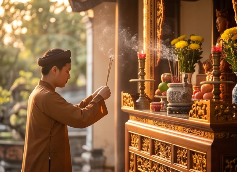 Văn khấn tại miếu: Hướng dẫn sắm lễ, bài trí và bài khấn chuẩn 1 Người đi lễ mặc áo dài thành kính dâng hương tại không gian miếu thờ truyền thống