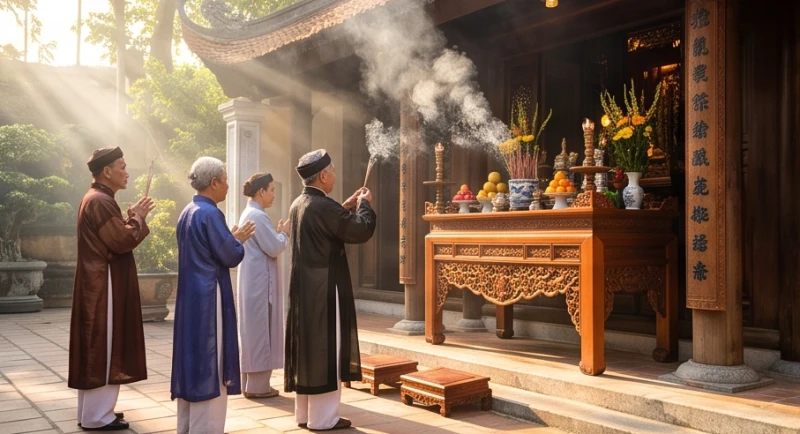Các bậc cao niên thực hiện nghi thức tế lễ truyền thống trước bàn thờ trong ngày Chánh giỗ