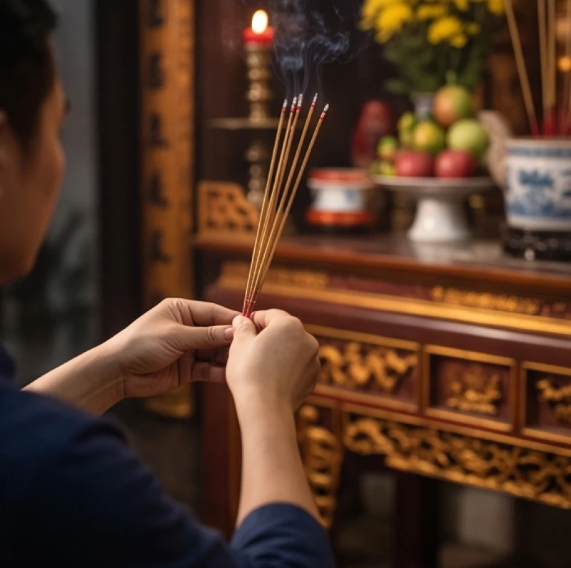 Người đi lễ chắp tay thành kính thực hiện nghi thức dâng hương và đọc văn khấn Đức Thánh Trần