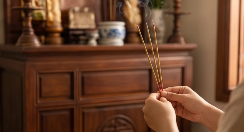 Văn khấn Tết Hàn Thực: Bài cúng chuẩn nghi lễ theo từng ban thờ 5 Người dâng hương chắp tay thành kính trước bàn thờ gia tiên trong nghi thức cúng Tết Hàn Thực