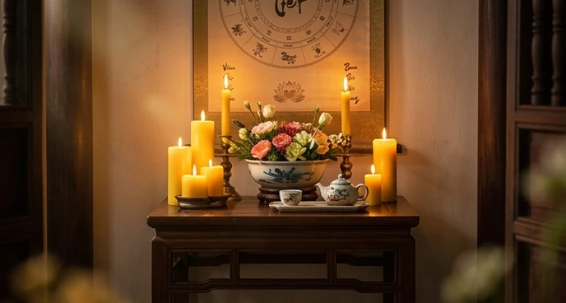 Tử vi trọn đời tuổi Mậu Tý 2008 nữ mạng: Diễn biến 20-65 tuổi 13 Mâm lễ dâng sao giải hạn với nến vàng và hoa tươi được bài trí trang nghiêm, thanh tịnh