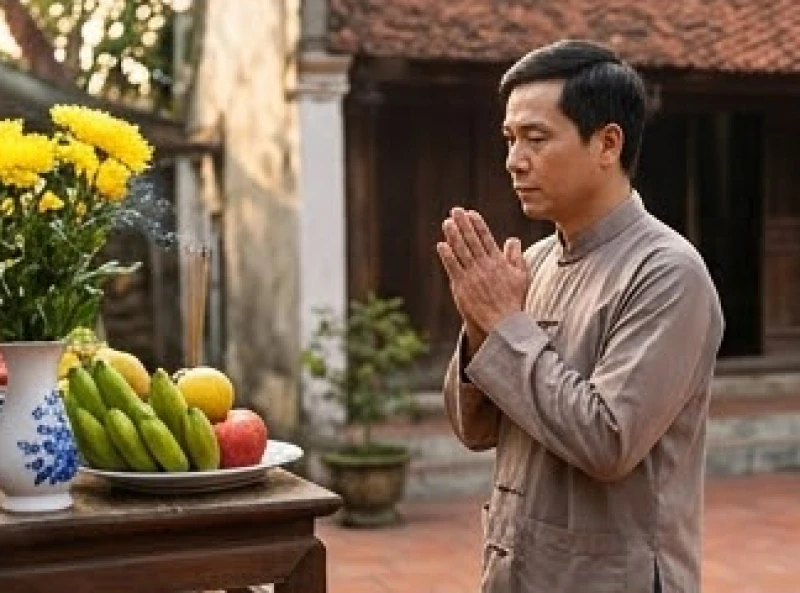 Gia chủ chắp tay thành kính trong lúc nhẩm đọc bài văn khấn Tiền Chủ Hậu Chủ trước ban thờ
