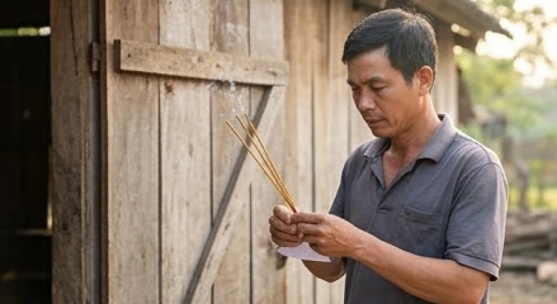Văn khấn cúng chuồng bò chuẩn và cách đặt mâm lễ đầu năm 2 Người nông dân đứng chắp tay thành kính đọc bài văn khấn cầu bình an cho gia súc trước cửa chuồng bò bằng gỗ
