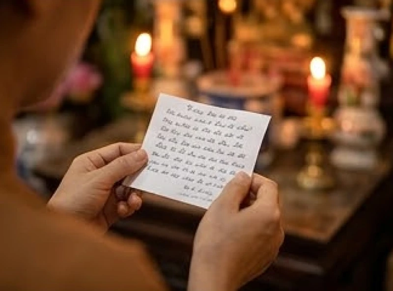 Bản chép tay bài văn khấn Đền Và được cầm cẩn thận khi người đi lễ đứng trước ban thờ