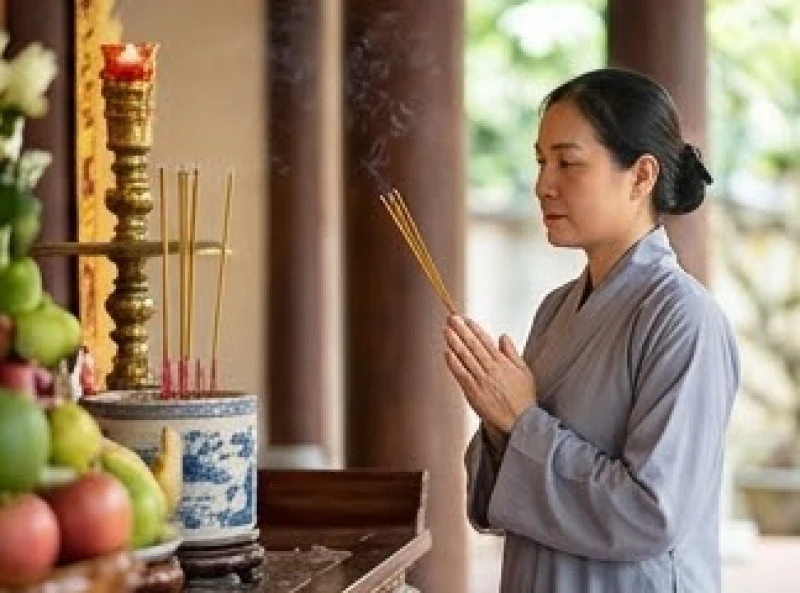 Người phụ nữ mặc áo tràng lam thành tâm chắp tay thắp hương và đọc văn khấn tại ban Đức Ông