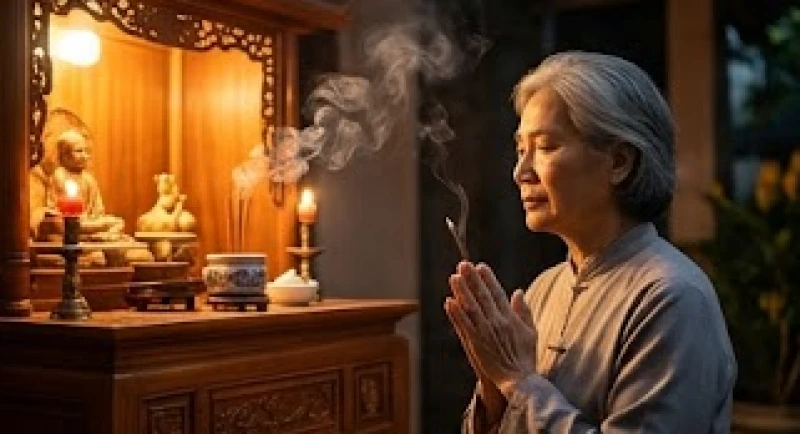 Văn khấn gia tiên đêm giao thừa: Bản chuẩn cổ truyền & rút gọn 4 Gia chủ thành tâm chắp tay hình búp sen đứng đọc bài cúng trước ban thờ tổ tiên nghi ngút khói