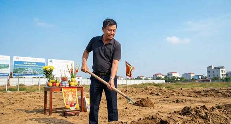 Tử vi tuổi Nhâm Dần 1962 năm 2027: Cách giải hạn và mượn tuổi 12 Người đại diện mượn tuổi đang cầm cuốc thực hiện nghi thức động thổ khởi công
