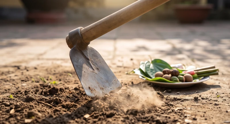 Chiếc cuốc chim chạm vào mặt đất với mâm lễ vật đặt cạnh trong lễ khởi công xây nhà