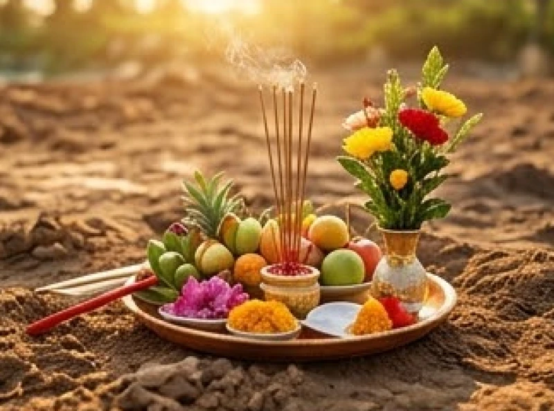 Mâm lễ cúng động thổ được sắp xếp trang nghiêm với hoa tươi, trái cây và nhang đèn trên nền đất trống
