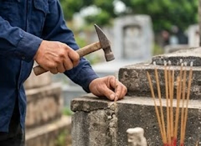 Văn khấn sửa mộ phần gia tiên: Trọn bộ bài cúng đúng nghi thức 6 Người thợ cả cầm búa gõ nhẹ ba nhát vào thành mộ cũ để làm phép động thổ sau khi hương đã tàn