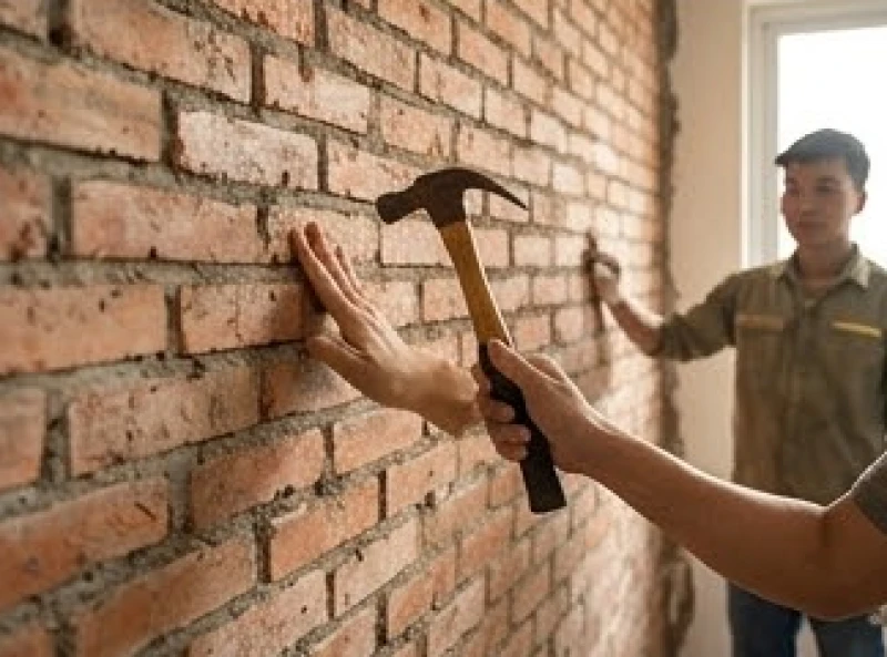 Chủ nhà tự tay dùng búa gõ nhẹ vào bức tường cũ để thực hiện nghi thức động thổ trước khi giao cho thợ thi công.