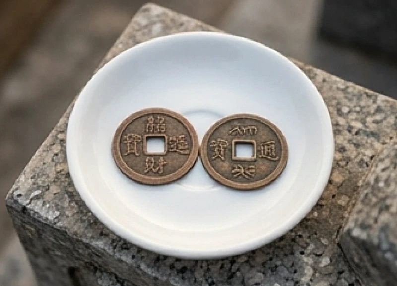 Hai đồng tiền xu cổ được gieo nhẹ nhàng xuống chiếc đĩa nhỏ để xin sự đồng thuận từ bề trên sau khi thi công xong
