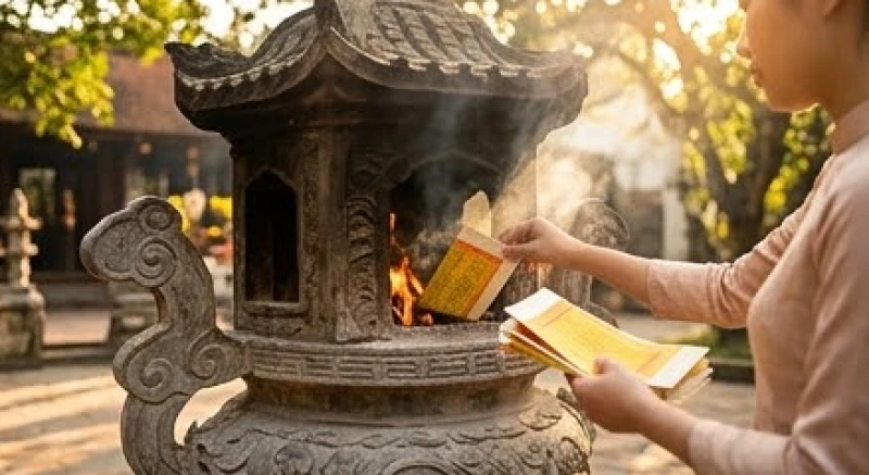 Văn khấn Đền Mẫu Hưng Yên: Bài cúng chuẩn và trình tự 3 ban 5 Khách hành hương cẩn thận hóa vàng mã và sớ tấu tại lư hóa vàng của đền sau khi hoàn tất việc cúng bái