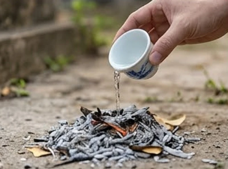 Văn khấn tạ mộ: Trình tự hành lễ và bài cúng đúng nghi thức 9 Người nhà tưới một chút rượu trắng lên đống tro tiền vàng mã vừa hóa xong tại nghĩa trang