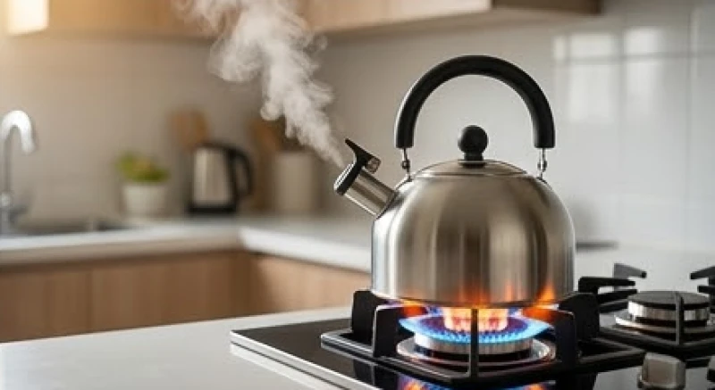 Ấm nước sôi bốc khói nghi ngút trên bếp lửa đang cháy sáng trong nghi thức khai bếp dọn nhà