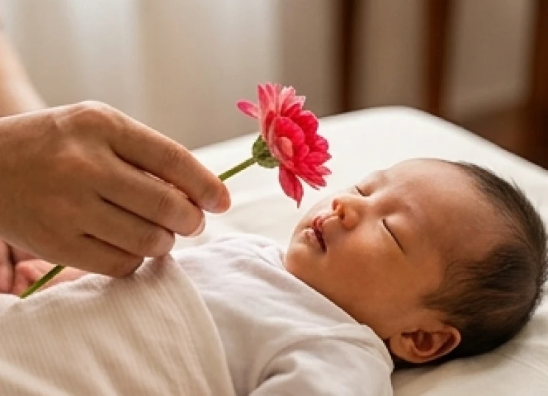 Người lớn cầm nhánh hoa điệp quơ nhẹ trước môi em bé trong nghi thức khai hoa đầy tháng