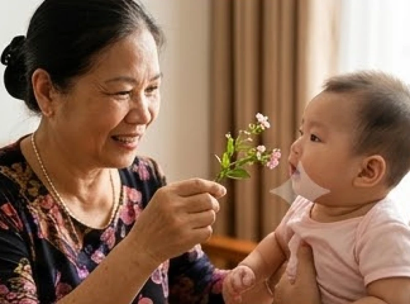 Người bà cầm cành hoa tươi quơ nhẹ trước miệng em bé trong nghi thức xin vía