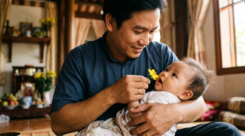 Văn khấn đầy tháng tại nhà nội: Bài cúng gia tiên và 12 Bà Mụ 12 Người cha cầm nhánh hoa điệp nhẹ nhàng quơ quanh miệng em bé trong nghi thức khai hoa