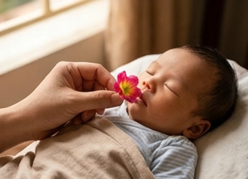 Người lớn đang cầm một nhánh hoa tươi khua nhẹ trước miệng em bé sơ sinh để thực hiện nghi thức khai hoa