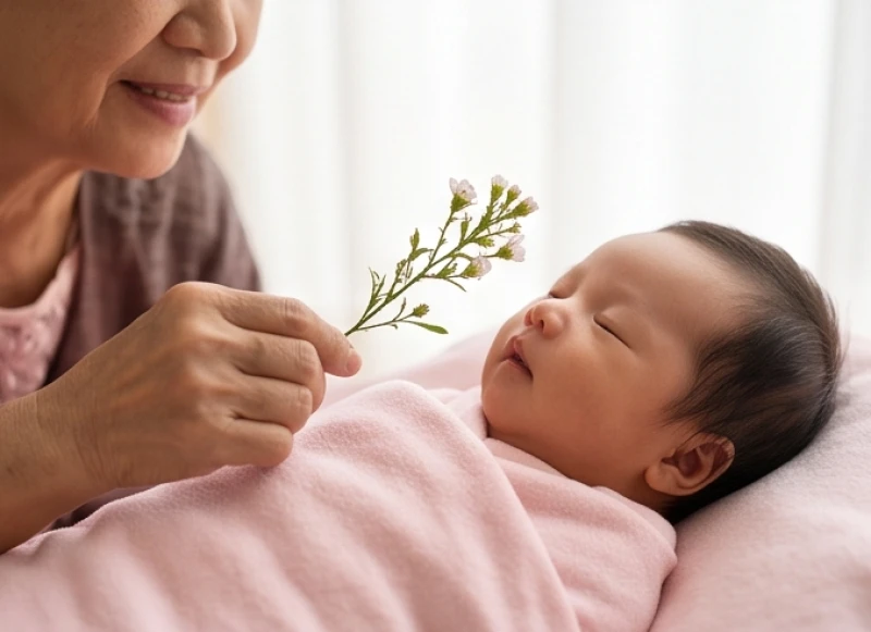 Người lớn cầm nhánh hoa quơ nhẹ qua lại trước miệng bé gái sơ sinh