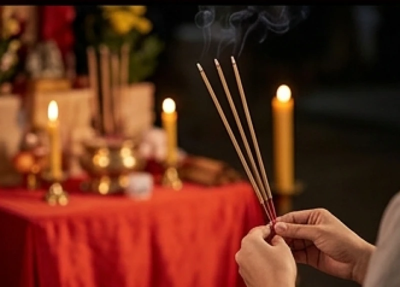 Tuổi Tý năm 2027 có phạm Thái Tuế không? Chi tiết từng nạp âm 11 Gia chủ thành tâm thắp ba nén nhang trước bàn cúng ngoài trời hướng về phương vị Thái Tuế