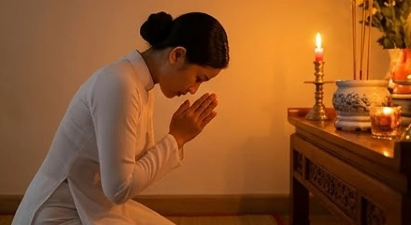 Động tác quỳ lạy chắp tay trang nghiêm trước án thờ dâng Đức Diêu Trì Kim Mẫu