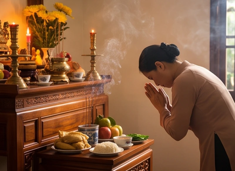 Văn khấn ngày giỗ chuẩn truyền thống: Trình tự nghi lễ bài bản 10 Động tác chắp tay ngang ngực lạy vái trang nghiêm trước bàn thờ tổ tiên trong ngày giỗ