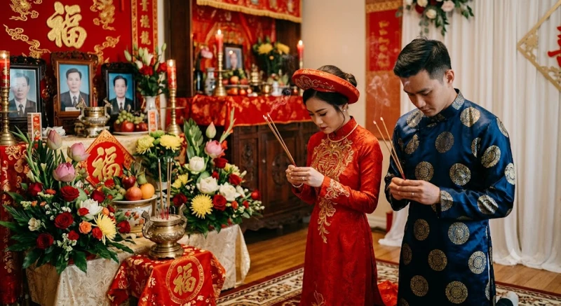 Cô dâu và chú rể thành kính dâng hương lên bàn thờ gia tiên trong sự chúc phúc của họ hàng hai bên