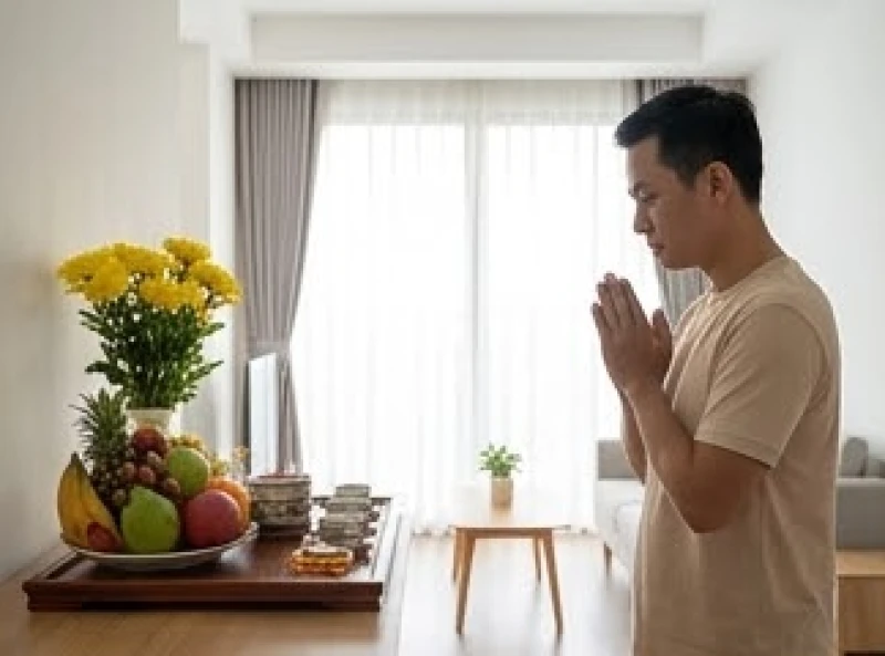 Văn khấn nhập trạch nhà chung cư: Trọn bộ bài cúng và quy trình 1 Gia chủ đang đứng chắp tay thành kính thực hiện nghi thức trước mâm cúng nhập trạch nhà chung cư mới