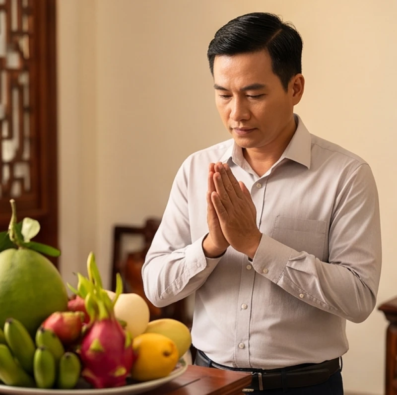 Tuổi Tỵ khai trương ngày nào tốt: lịch đẹp và tuổi hợp mở hàng 6 Người được mượn tuổi đại diện đứng trước mâm cúng chắp tay thành kính đọc văn khấn cáo thỉnh thần linh