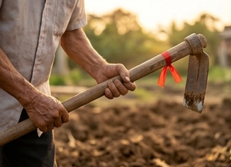 Người nam lớn tuổi đang thực hiện nghi thức cuốc nhát đất đầu tiên thay cho gia chủ trong lễ động thổ