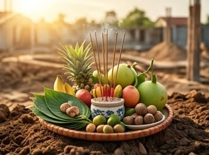 Khay lễ vật cúng động thổ được bày trí trang trọng trên nền đất mới chuẩn bị xây dựng
