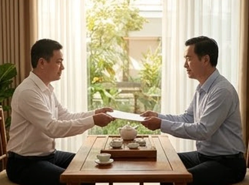 Sức khỏe tuổi Tỵ năm 2027: tầm soát bệnh lý theo từng nạp âm 8 Hai người đàn ông trung niên đang trao đổi giấy tờ mượn tuổi xây nhà trên bàn trà