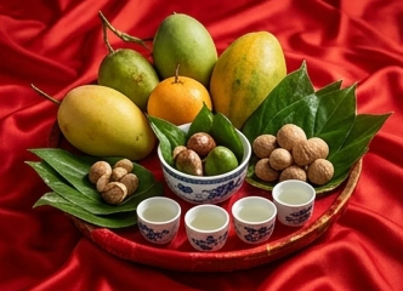 Khay lễ vật động thổ gồm trái cây tươi, trầu cau và rượu trắng bày biện trang nghiêm
