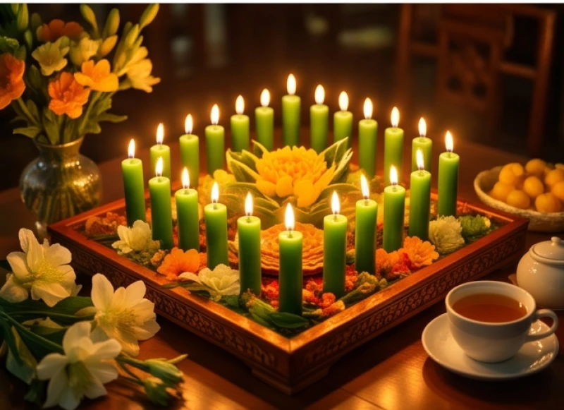 Mâm lễ cúng sao mộc đức rực rỡ với hai mươi ngọn nến xanh lá cây và hoa tươi