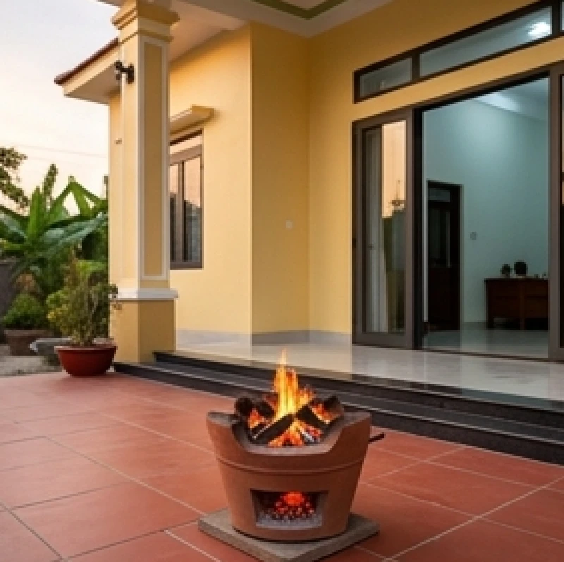 Văn khấn mượn tuổi làm nhà: Trình tự bài bản và mẫu giấy tờ 11 Lò than củi đỏ rực được đặt trước cửa chính để các thành viên bước qua khi vào nhà mới