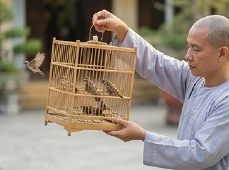 Người Phật tử đang thực hiện nghi thức phóng sinh và thả chim sẻ về với bầu trời