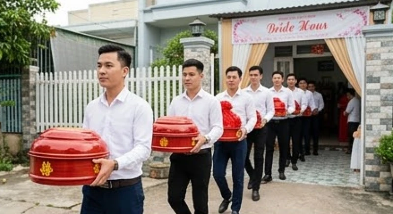 Tuổi Tuất Cưới Ngày Nào Tốt: Lịch 2026 Và Cách Hóa Giải 2 Đoàn nhà trai mang các tráp lễ vật sính lễ đỏ thắm tiến vào cổng nhà gái trong ngày rước dâu