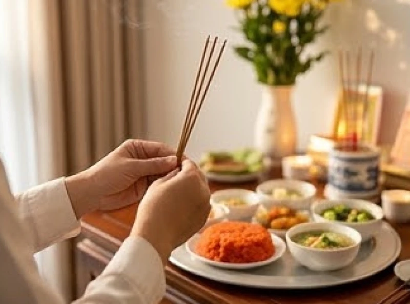 Gia chủ thành tâm thắp hương thực hiện nghi thức rước ông Táo về nhà dịp đầu năm