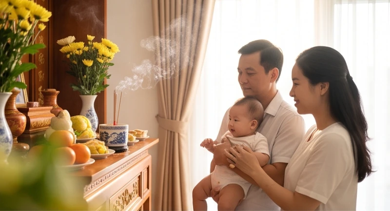 Văn khấn nhận con nuôi: Hướng dẫn sắm lễ, bài cúng và xin keo 2 Cha mẹ bế đứa trẻ ngoan ngoãn đứng trước ban thờ gia tiên thực hiện nghi thức tâm linh